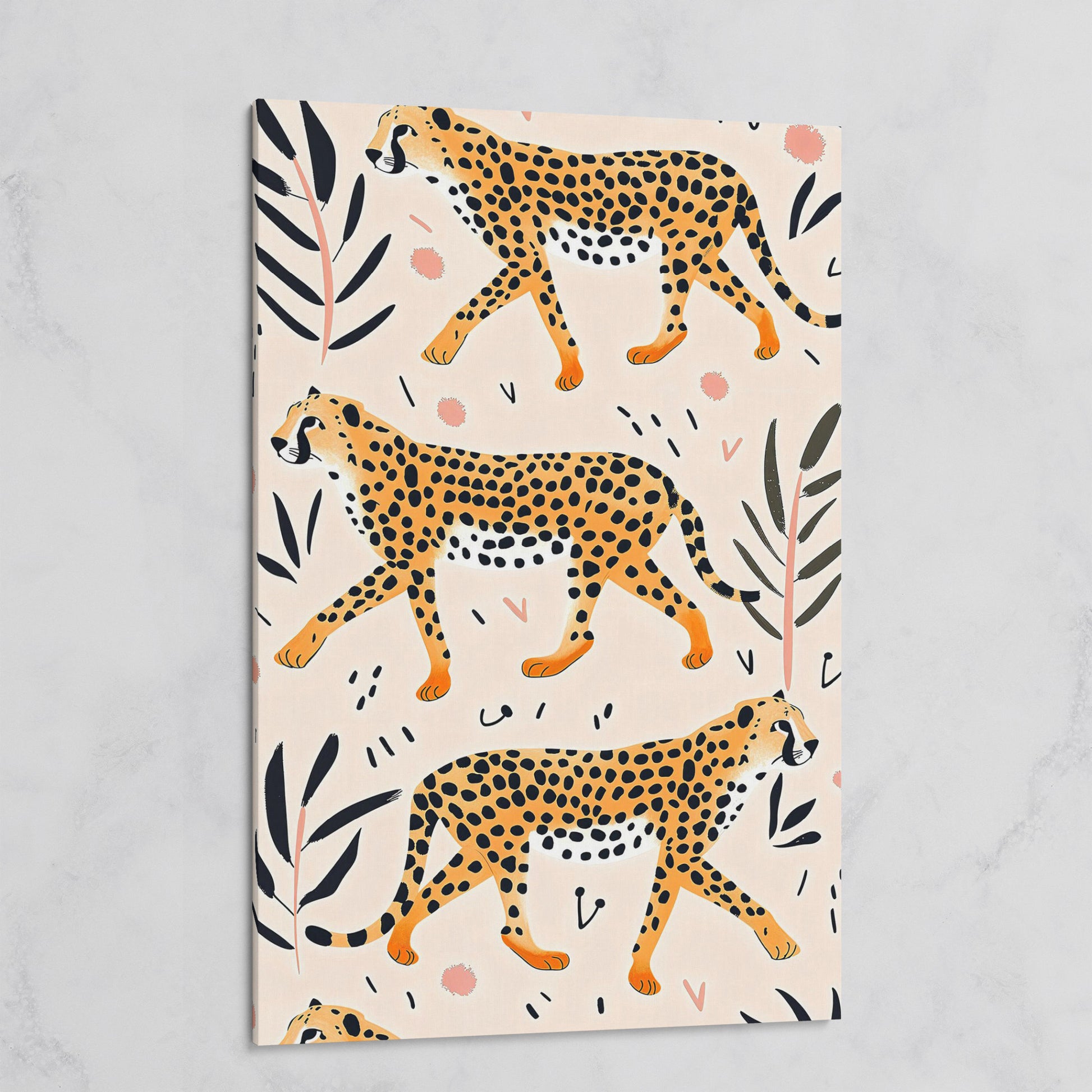 Cheetahs in Motion Canvas Art with Botanical Pattern on gallery wrap