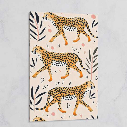 Cheetahs in Motion Canvas Art with Botanical Pattern on gallery wrap