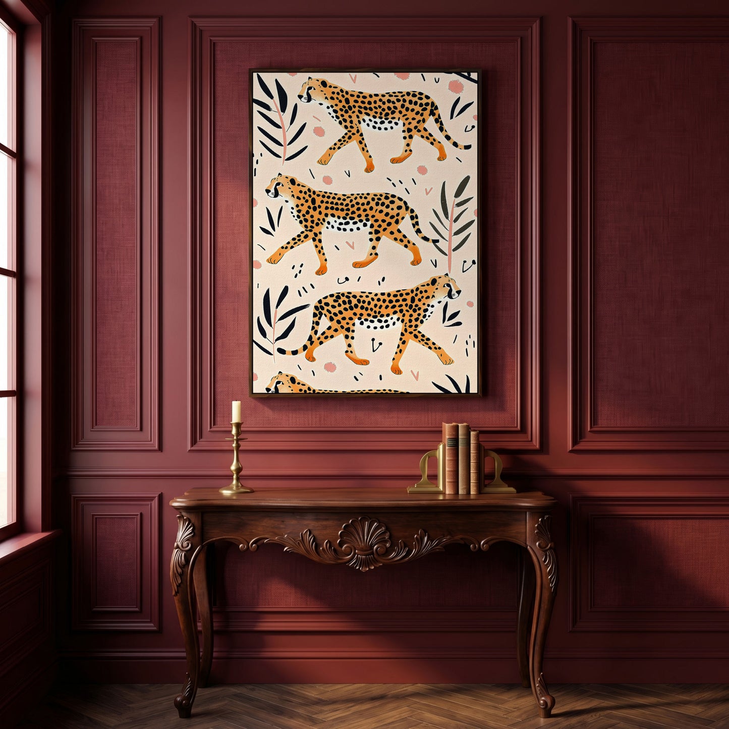 Cheetahs in Motion Canvas Art with Botanical Pattern in dark walnut floating frame