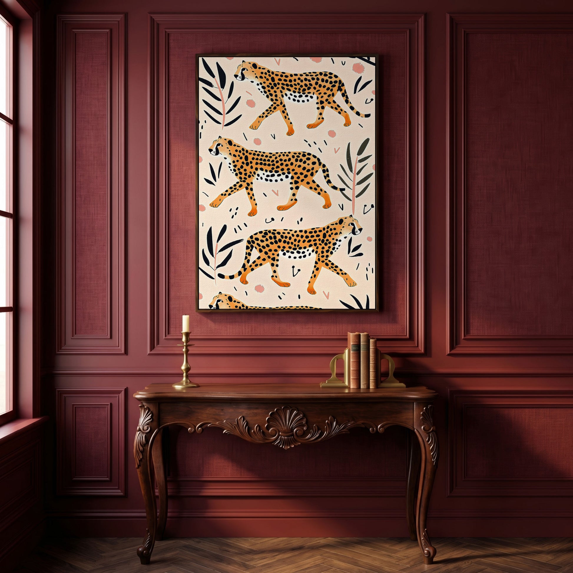 Cheetahs in Motion Canvas Art with Botanical Pattern in dark walnut floating frame