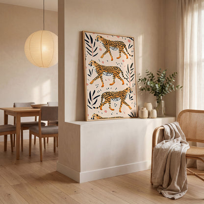 Cheetahs in Motion Canvas Art with Botanical Pattern in white oak floating frame