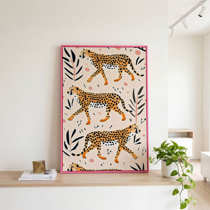 Cheetahs in Motion Canvas Art with Botanical Pattern in pink floating frame