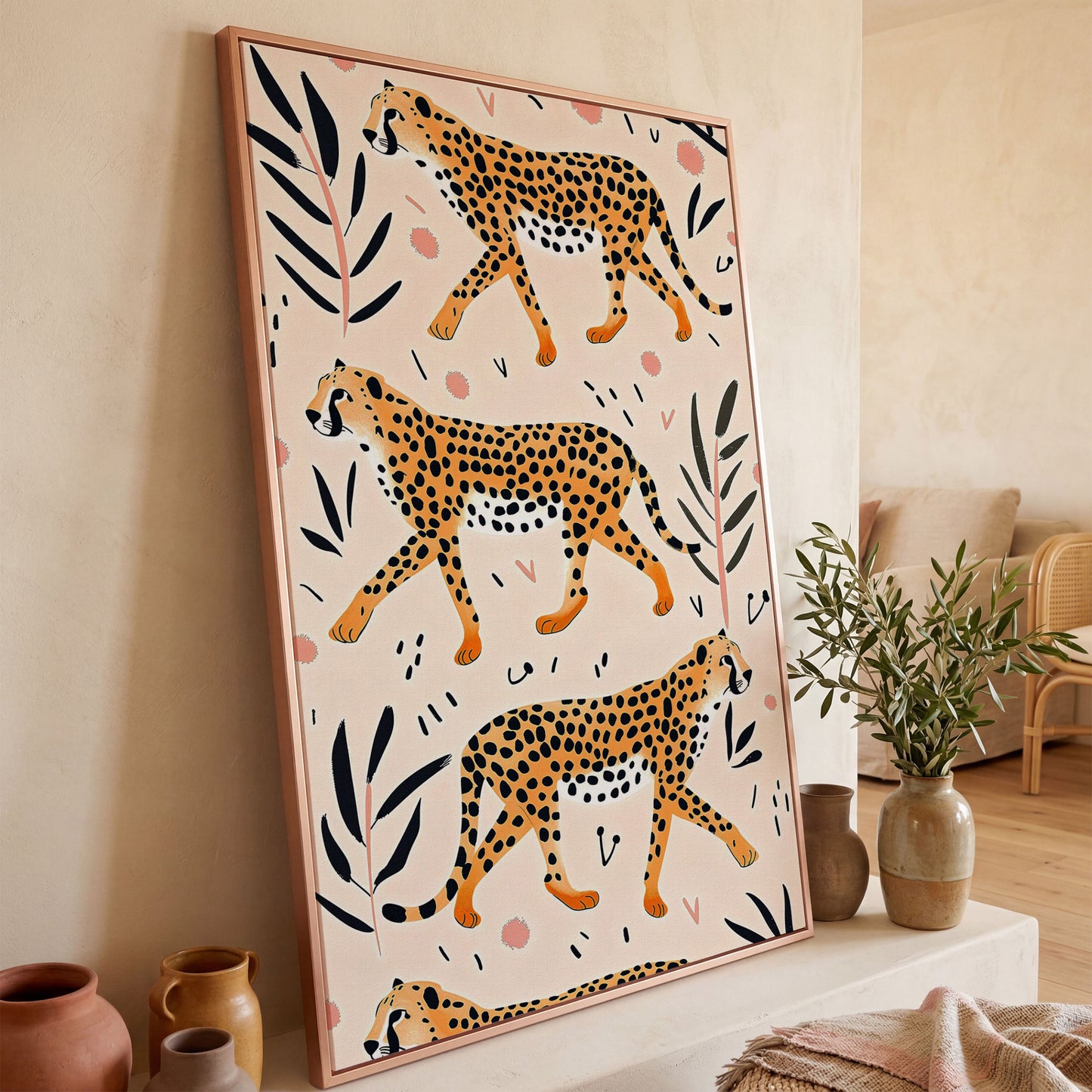 Cheetahs in Motion Canvas Art with Botanical Pattern in rose gold floating frame