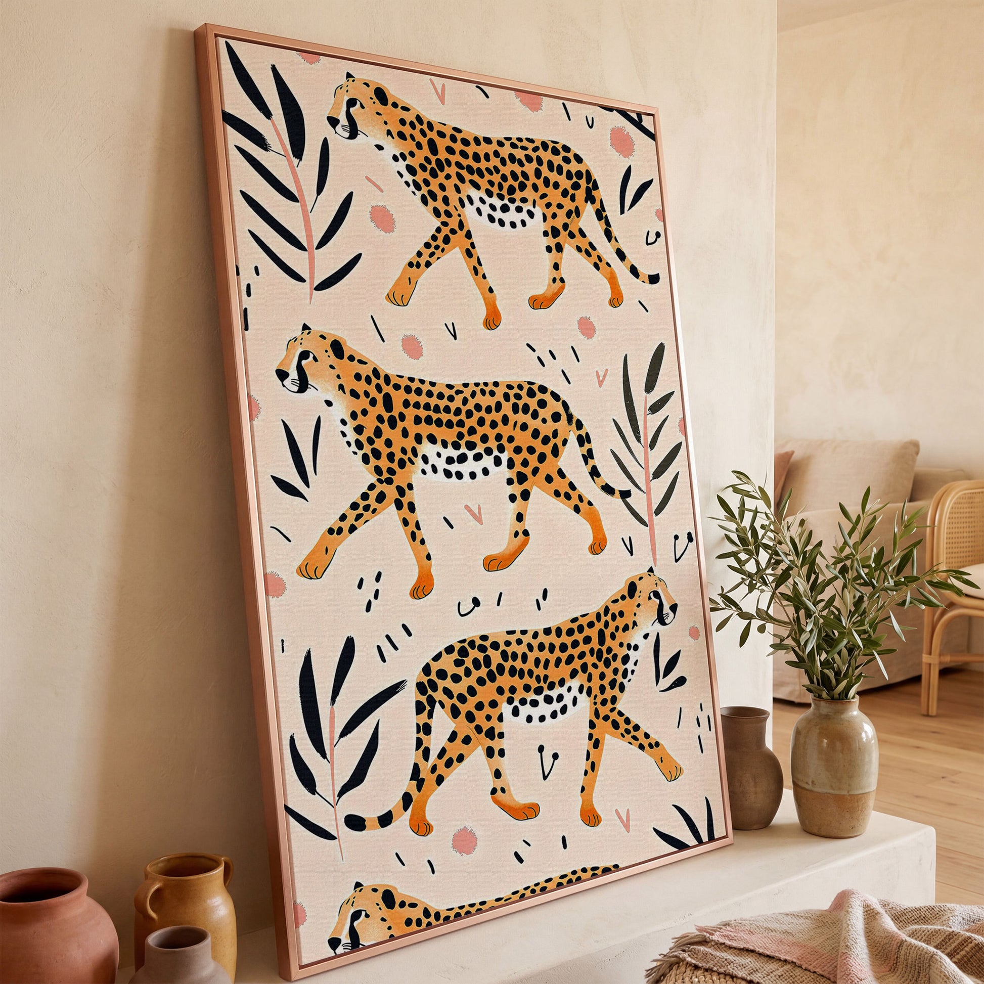 Cheetahs in Motion Canvas Art with Botanical Pattern in rose gold floating frame