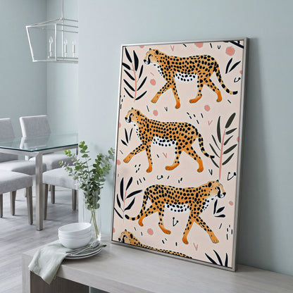 Cheetahs in Motion Canvas Art with Botanical Pattern in silver floating frame