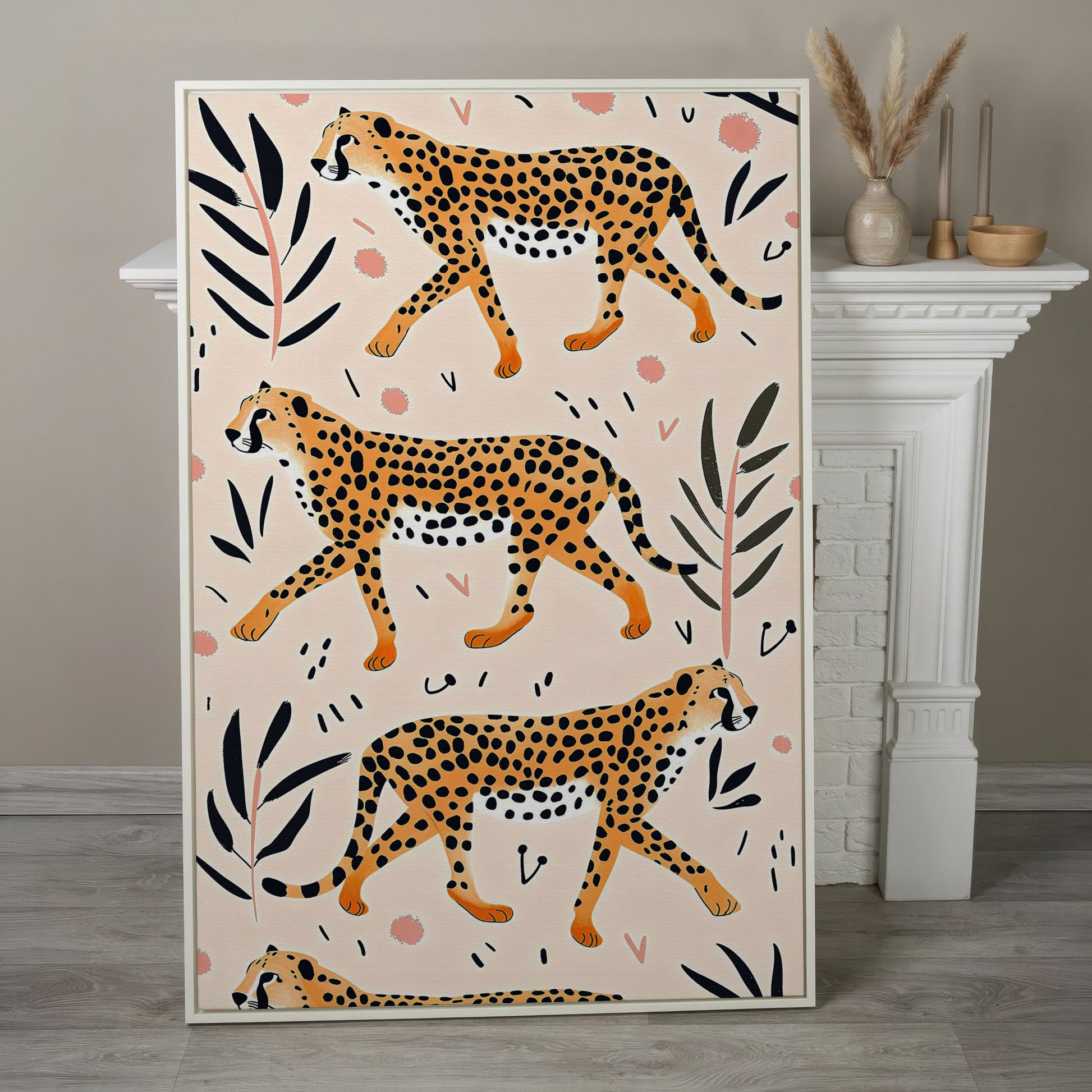 Cheetahs in Motion Canvas Art with Botanical Pattern in white floating frame