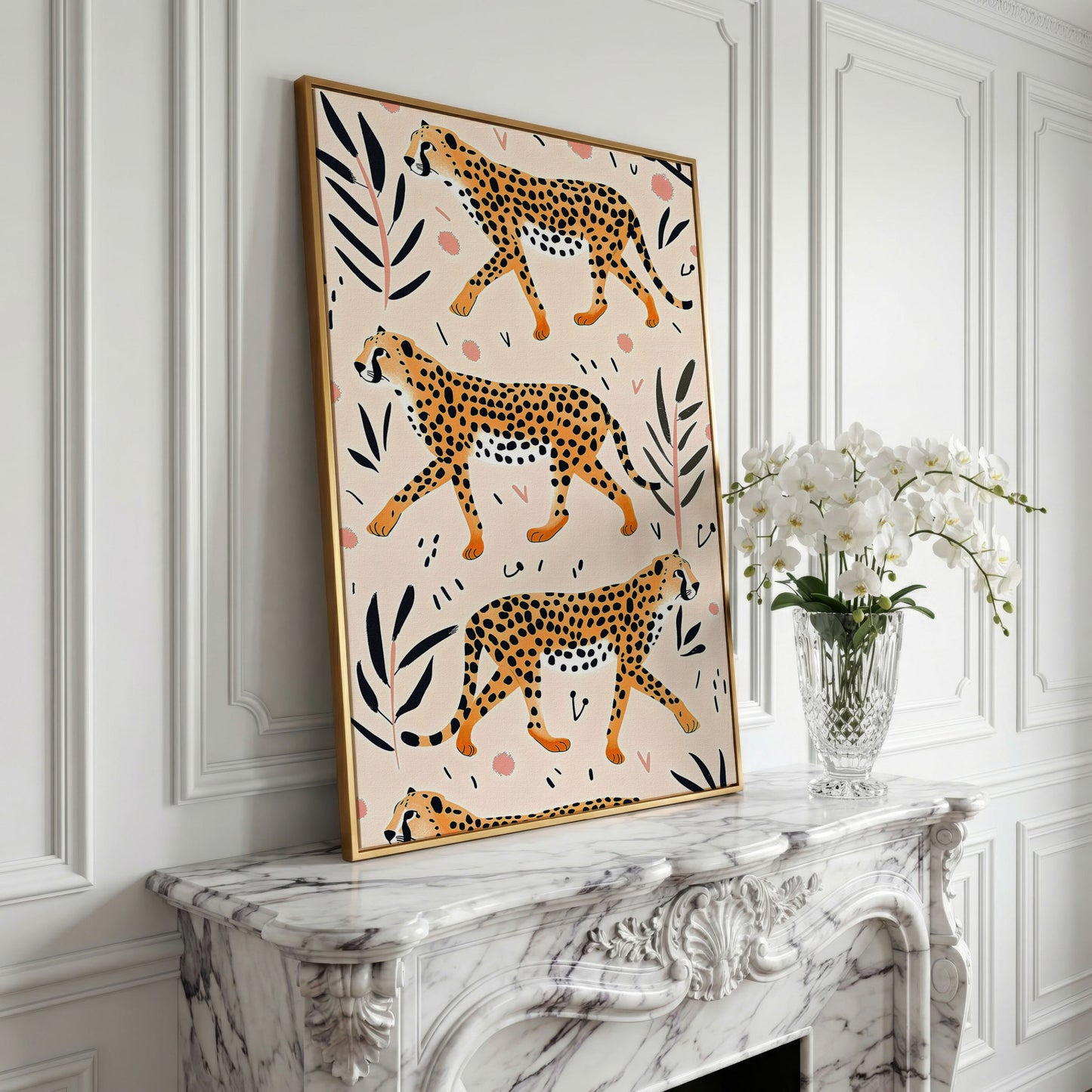 Cheetahs in Motion Canvas Art with Botanical Pattern in yellow gold floating frame