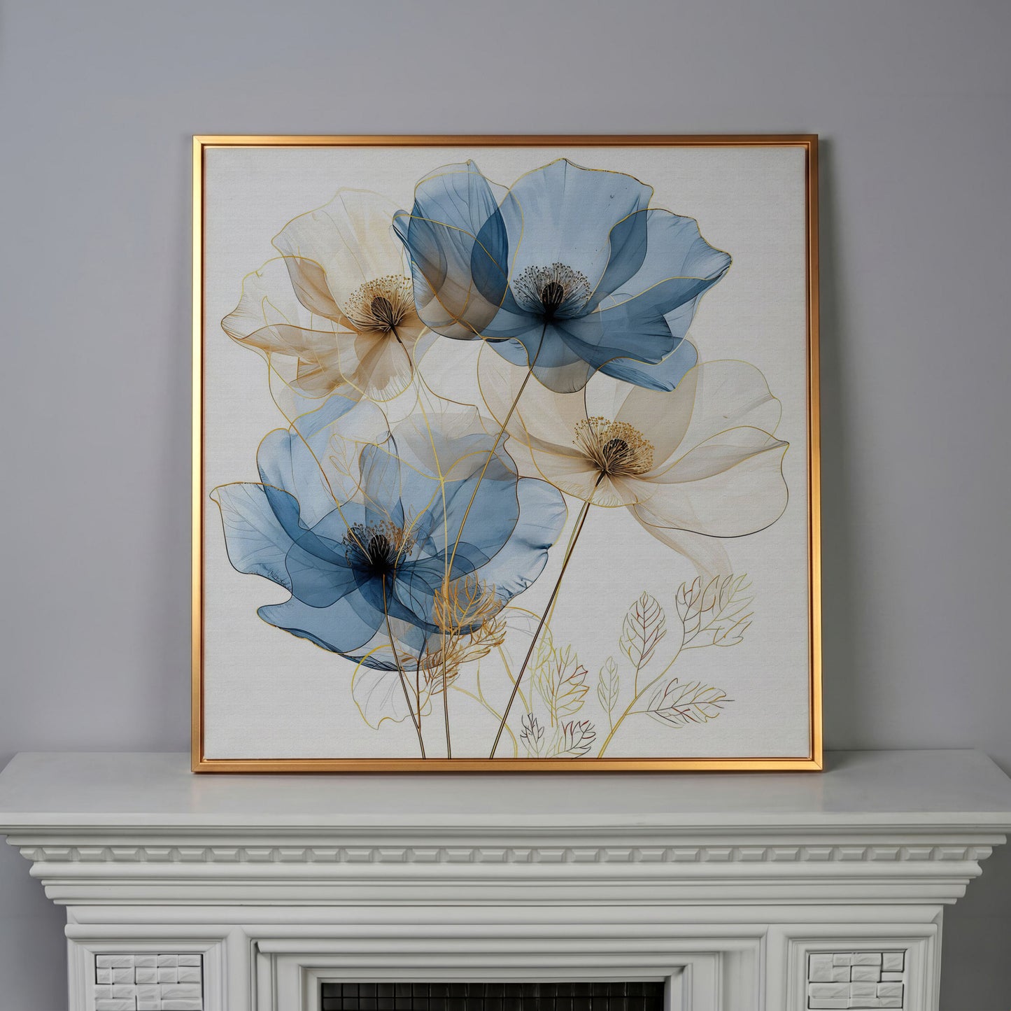 Blue and Beige Flowers Canvas Print, Square in antique gold floating frame