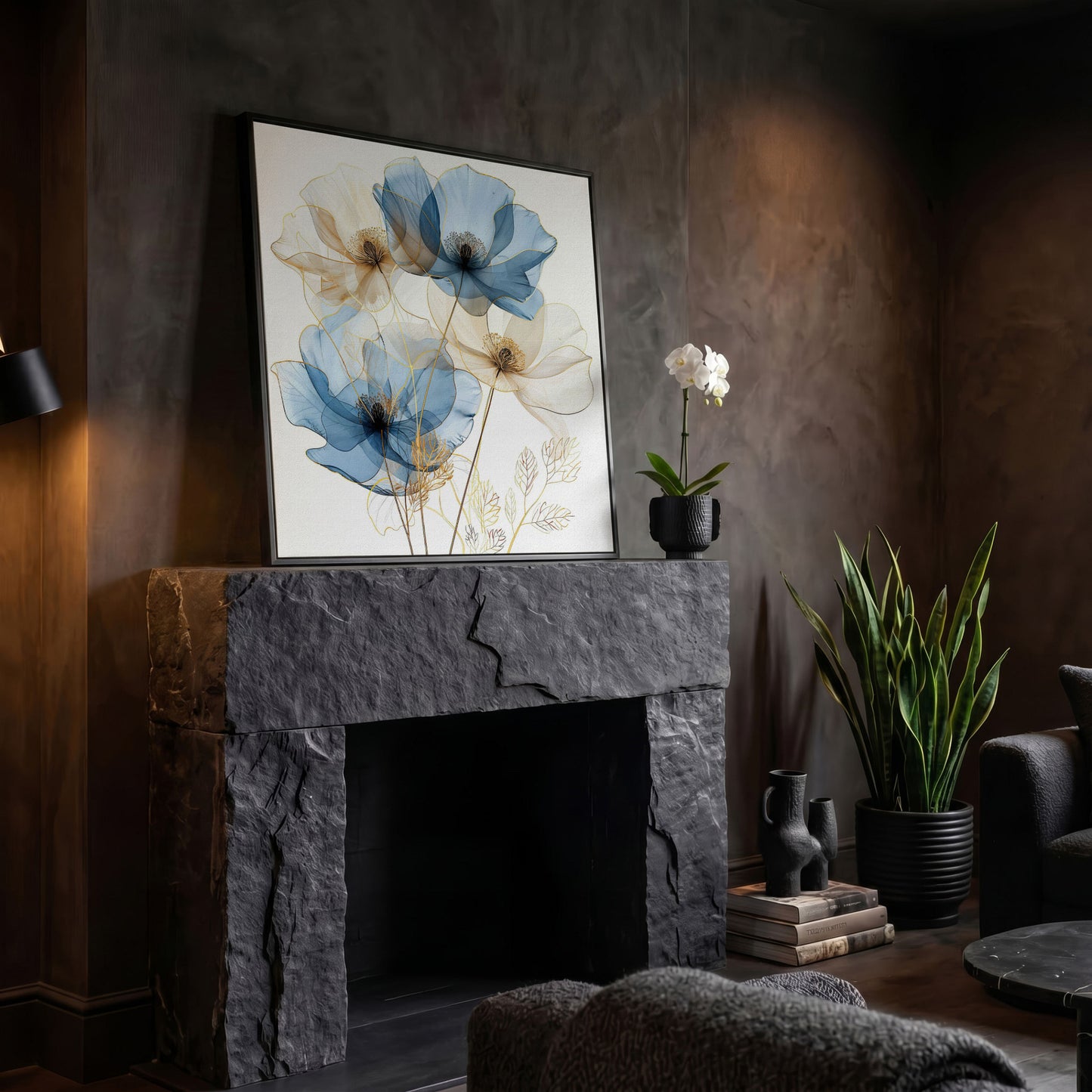 Blue and Beige Flowers Canvas Print, Square in black floating frame