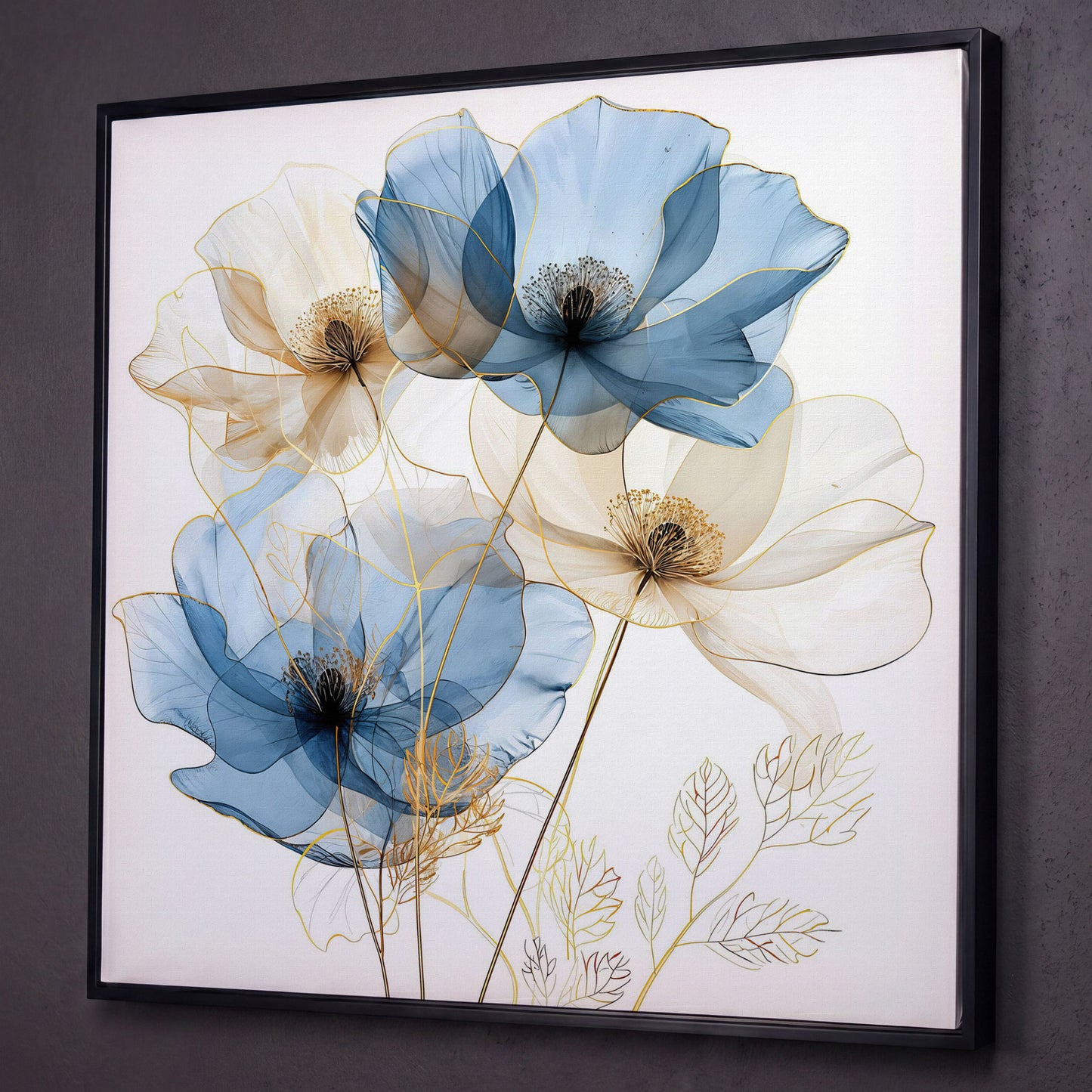 Blue and Beige Flowers Canvas Print, Square shown in black floating frame