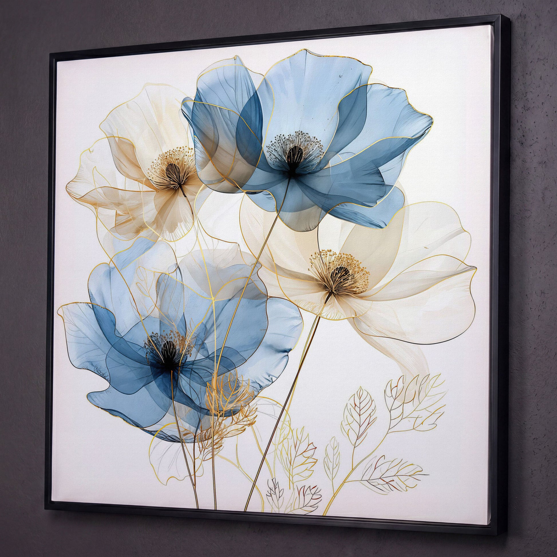 Blue and Beige Flowers Canvas Print, Square shown in black floating frame