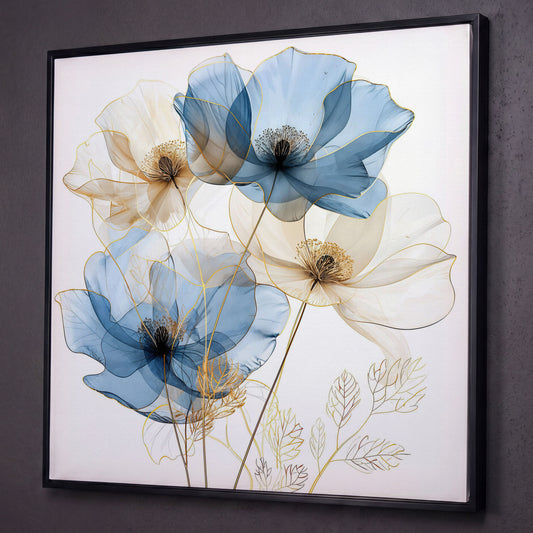 Blue and Beige Flowers Canvas Print, Square shown in black floating frame
