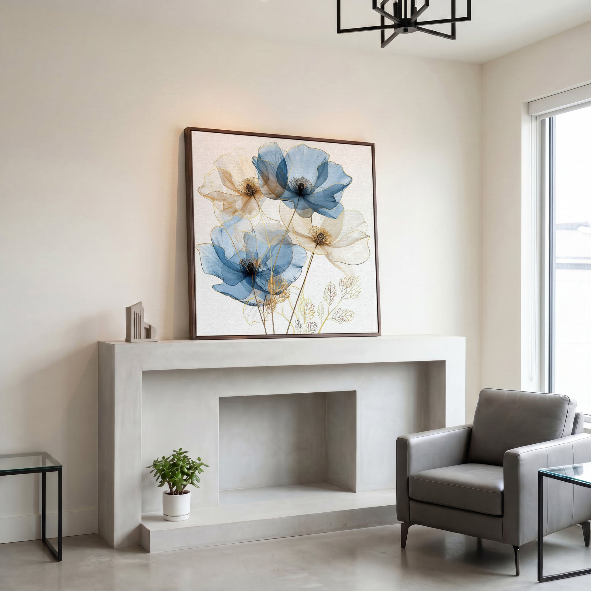 Blue and Beige Flowers Canvas Print, Square in dark walnut floating frame