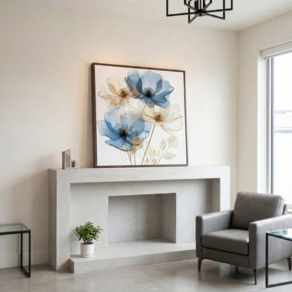 Blue and Beige Flowers Canvas Print, Square in dark walnut floating frame