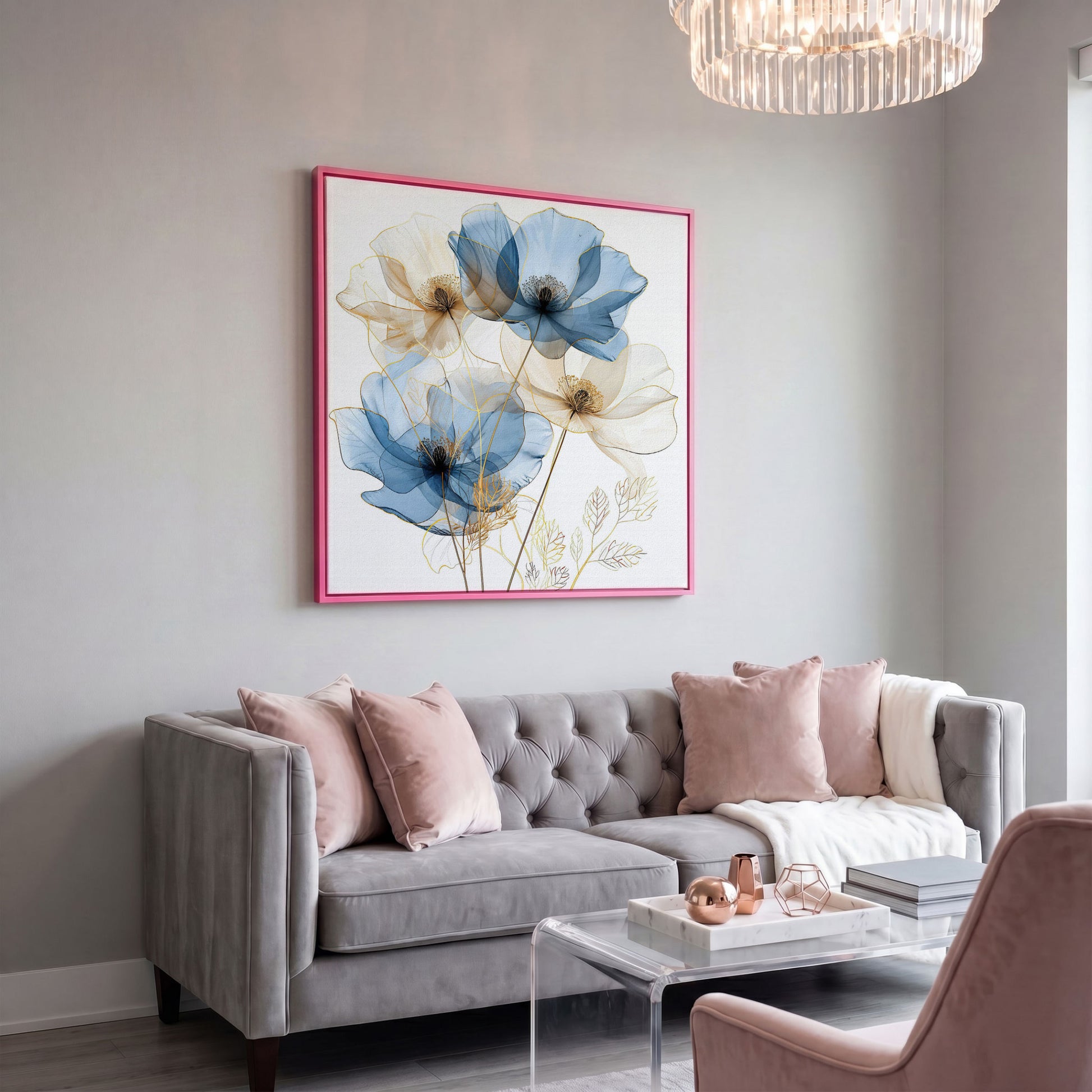 Blue and Beige Flowers Canvas Print, Square in pink floating frame