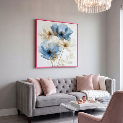 Blue and Beige Flowers Canvas Print, Square in pink floating frame