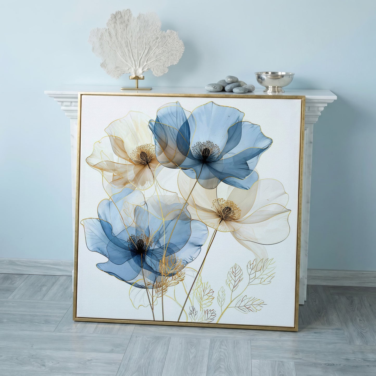 Blue and Beige Flowers Canvas Print, Square in rose gold floating frame