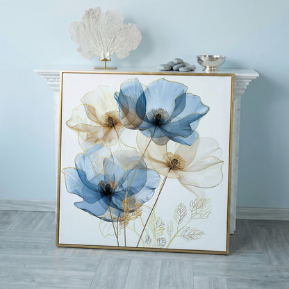 Blue and Beige Flowers Canvas Print, Square in rose gold floating frame