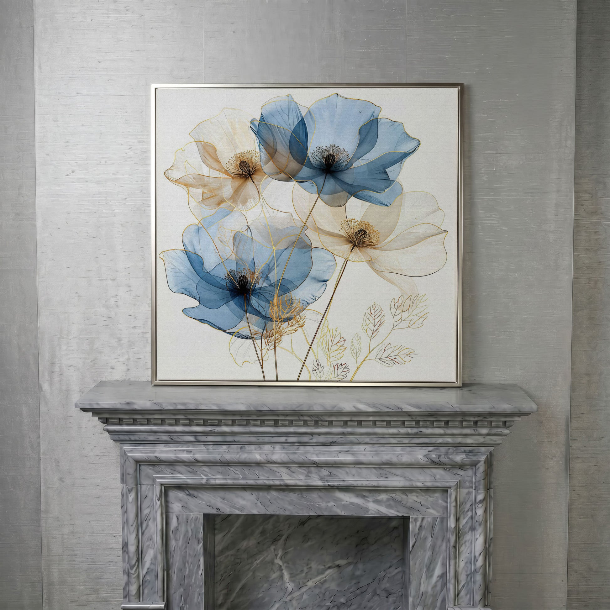 Blue and Beige Flowers Canvas Print, Square in silver floating frame
