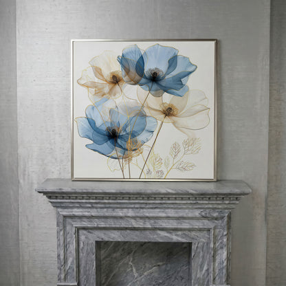 Blue and Beige Flowers Canvas Print, Square in silver floating frame