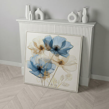 Blue and Beige Flowers Canvas Print, Square in white floating frame
