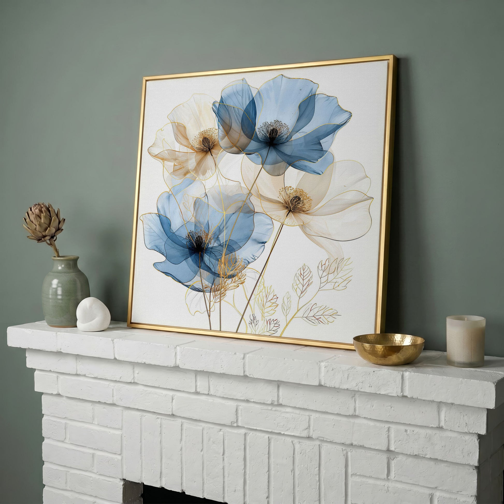 Blue and Beige Flowers Canvas Print, Square in yellow gold floating frame