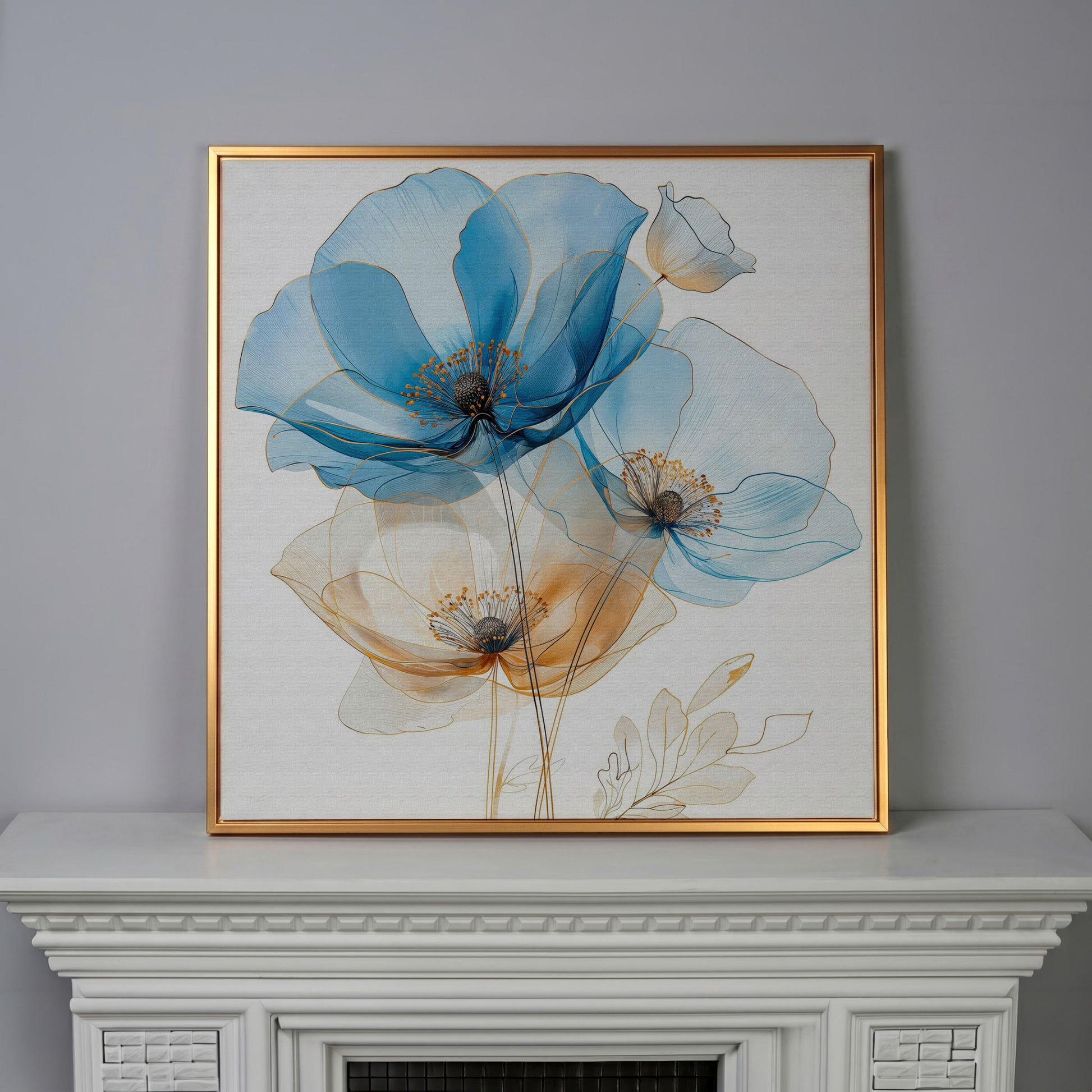 Blue and Beige Flowers Canvas in antique gold floating frame