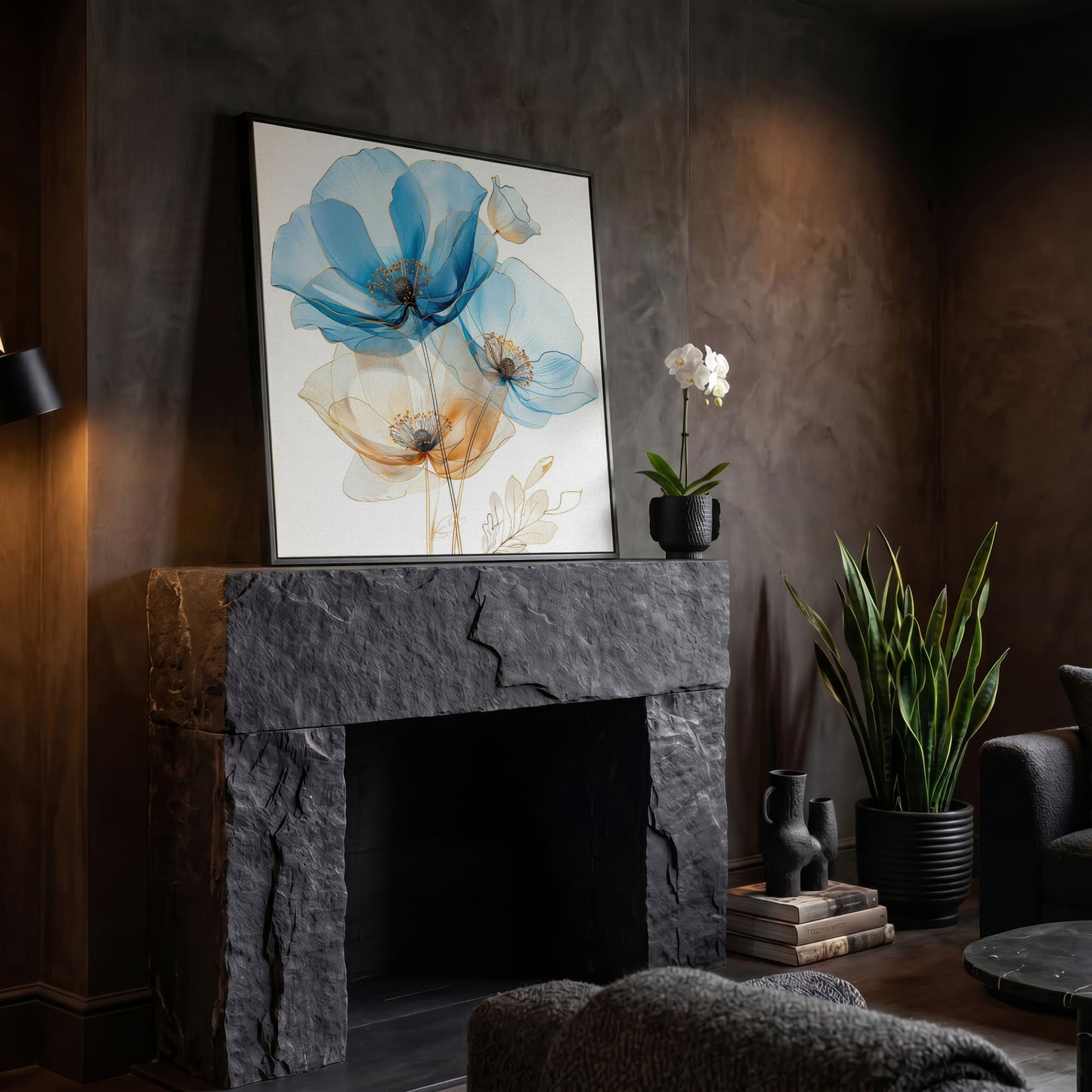 Blue and Beige Flowers Canvas in black floating frame