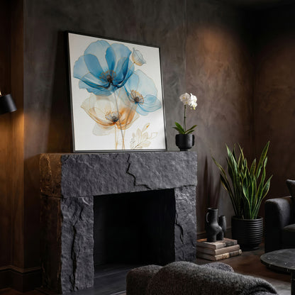Blue and Beige Flowers Canvas in black floating frame