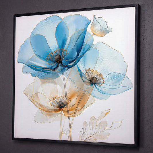 Blue and Beige Flowers Canvas shown in black floating frame