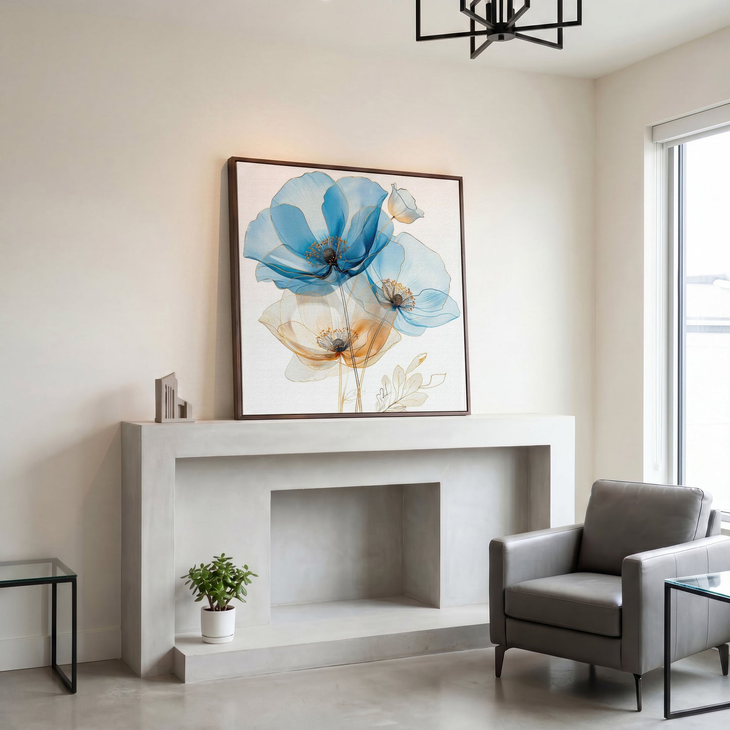 Blue and Beige Flowers Canvas in dark walnut floating frame