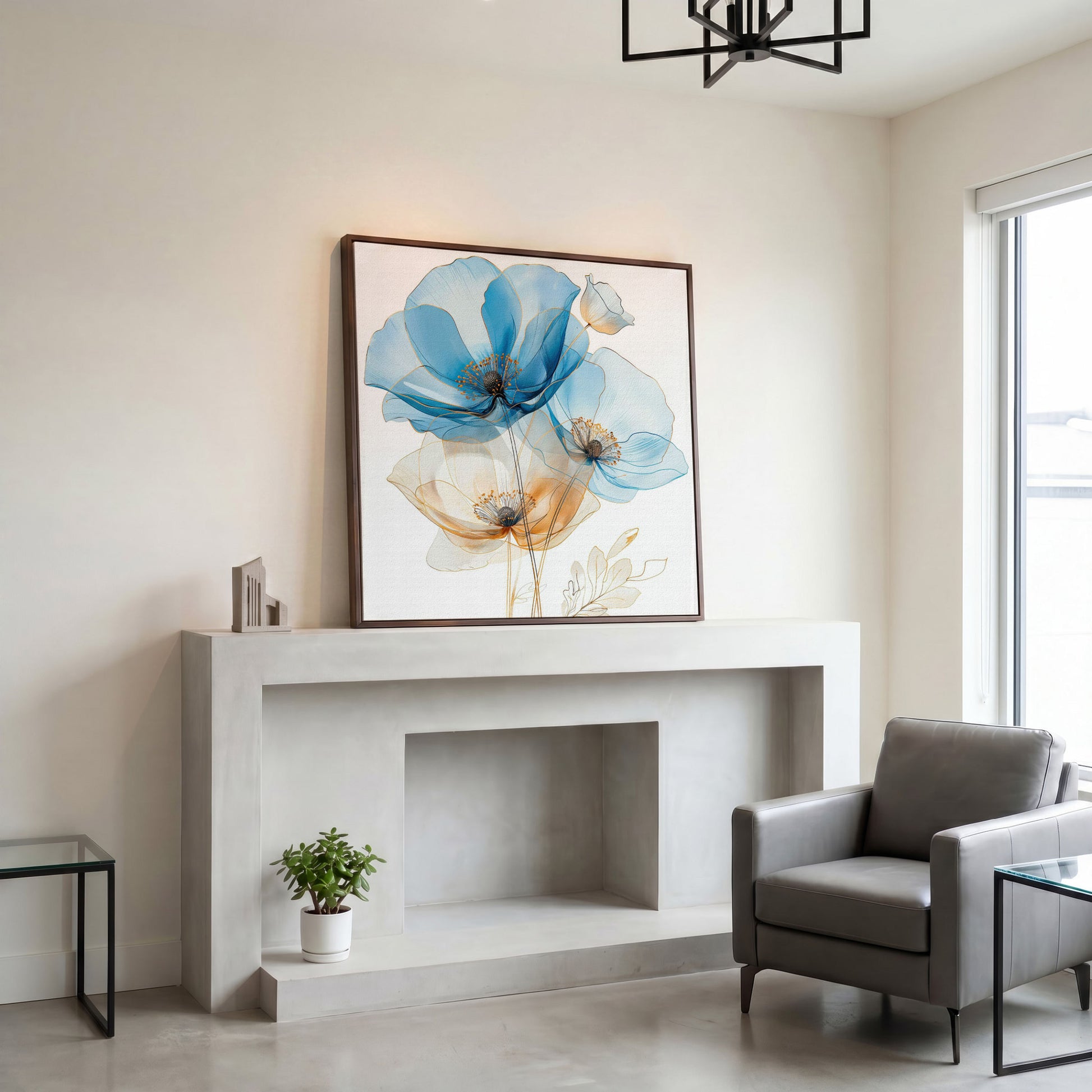 Blue and Beige Flowers Canvas in dark walnut floating frame