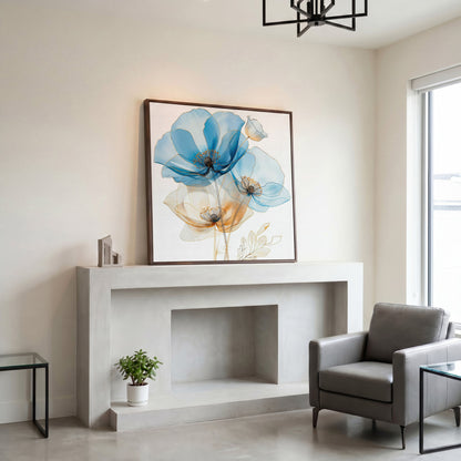 Blue and Beige Flowers Canvas in dark walnut floating frame