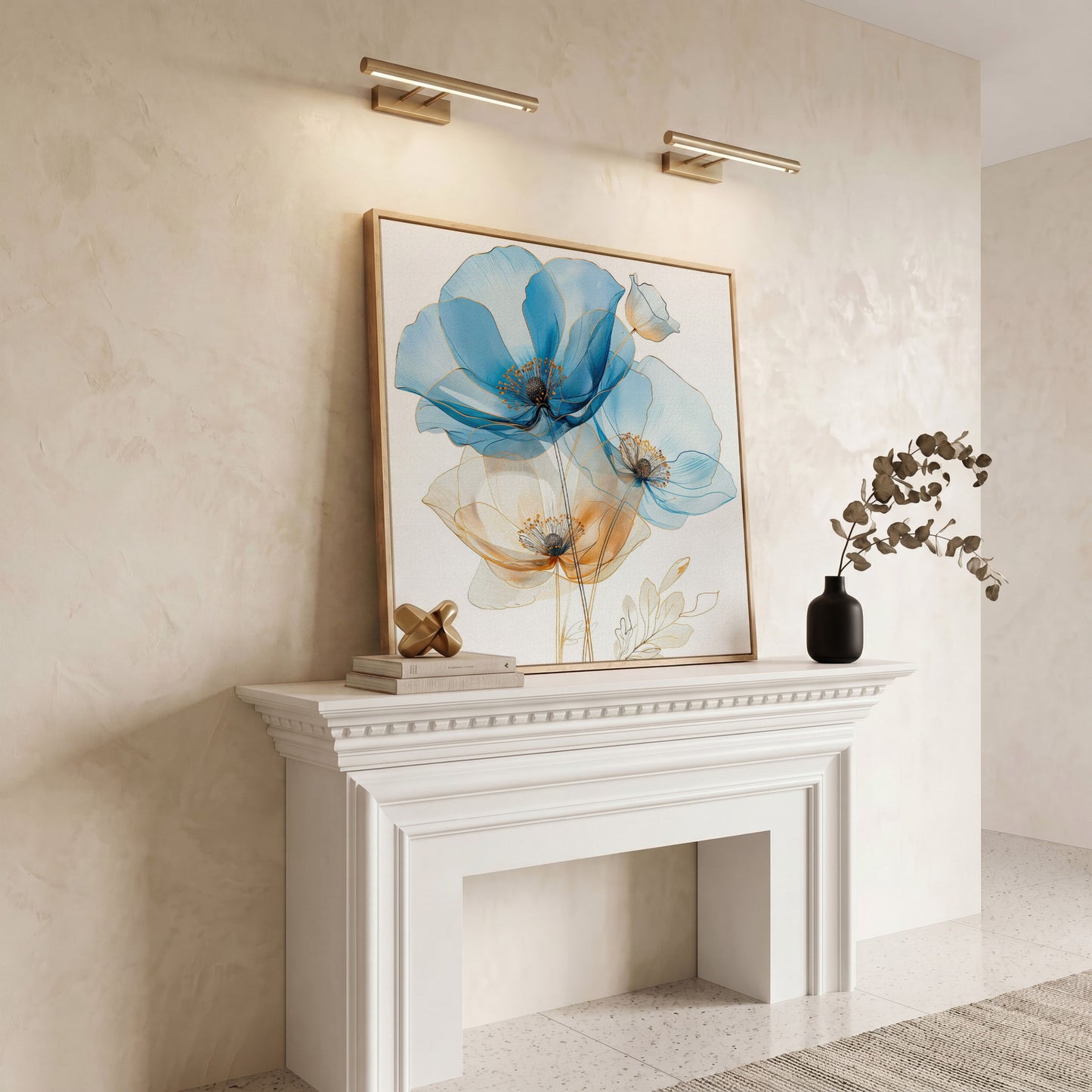 Blue and Beige Flowers Canvas in white oak floating frame