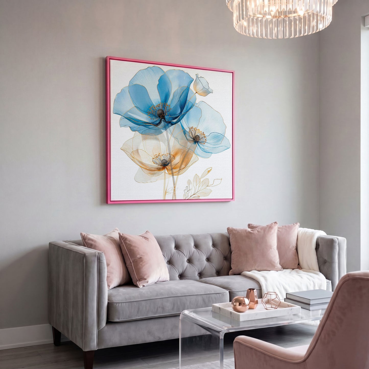 Blue and Beige Flowers Canvas in pink floating frame
