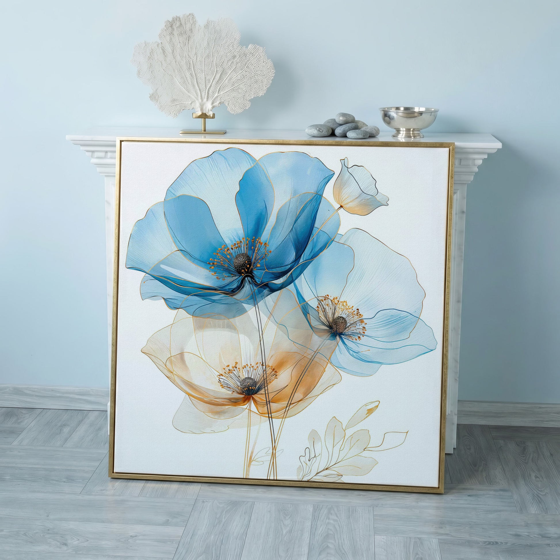Blue and Beige Flowers Canvas in rose gold floating frame