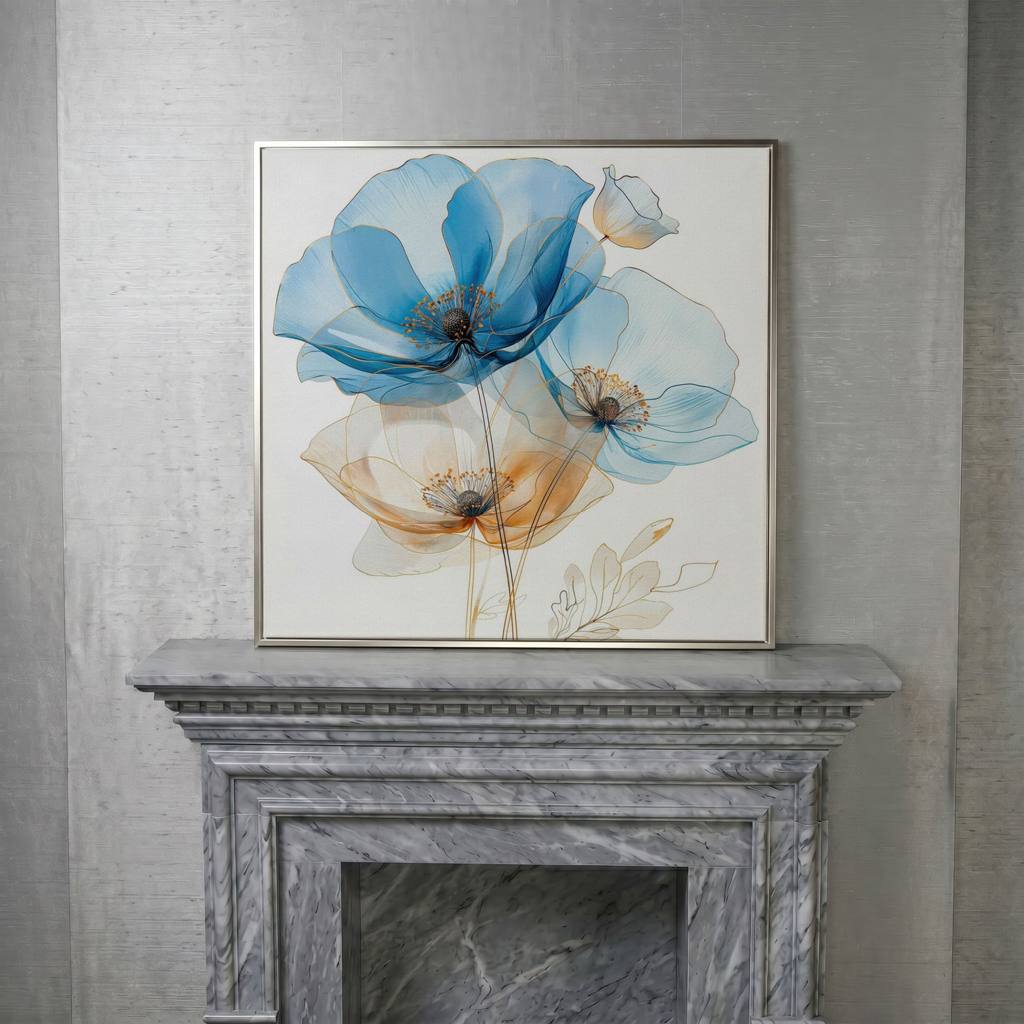 Blue and Beige Flowers Canvas in silver floating frame