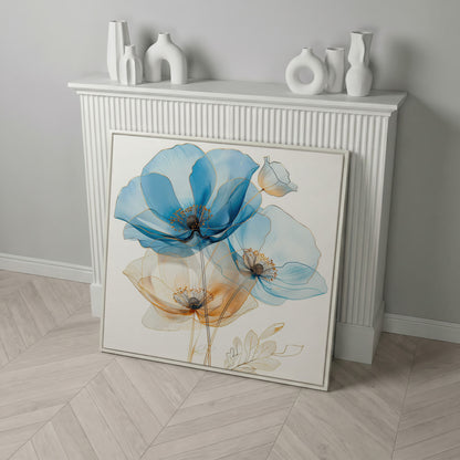 Blue and Beige Flowers Canvas in white floating frame