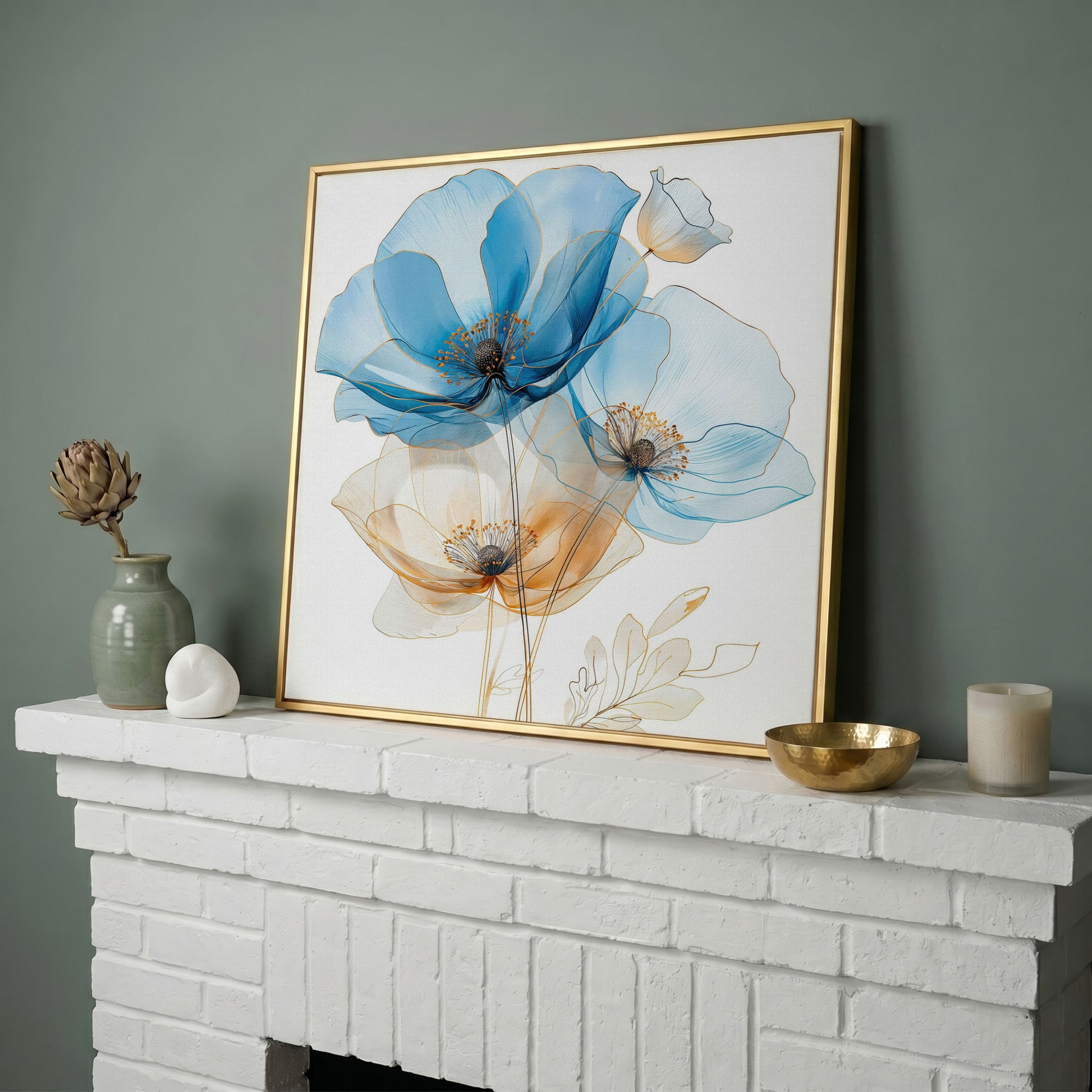 Blue and Beige Flowers Canvas in yellow gold floating frame