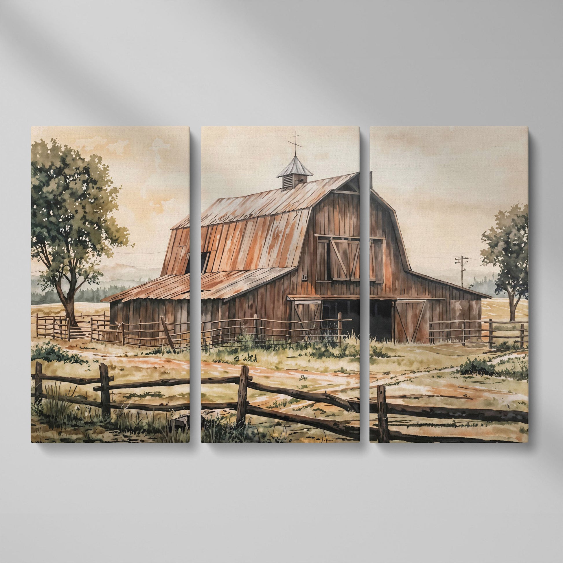 Rustic Barn in Rolling Fields Canvas as 3-panel split version