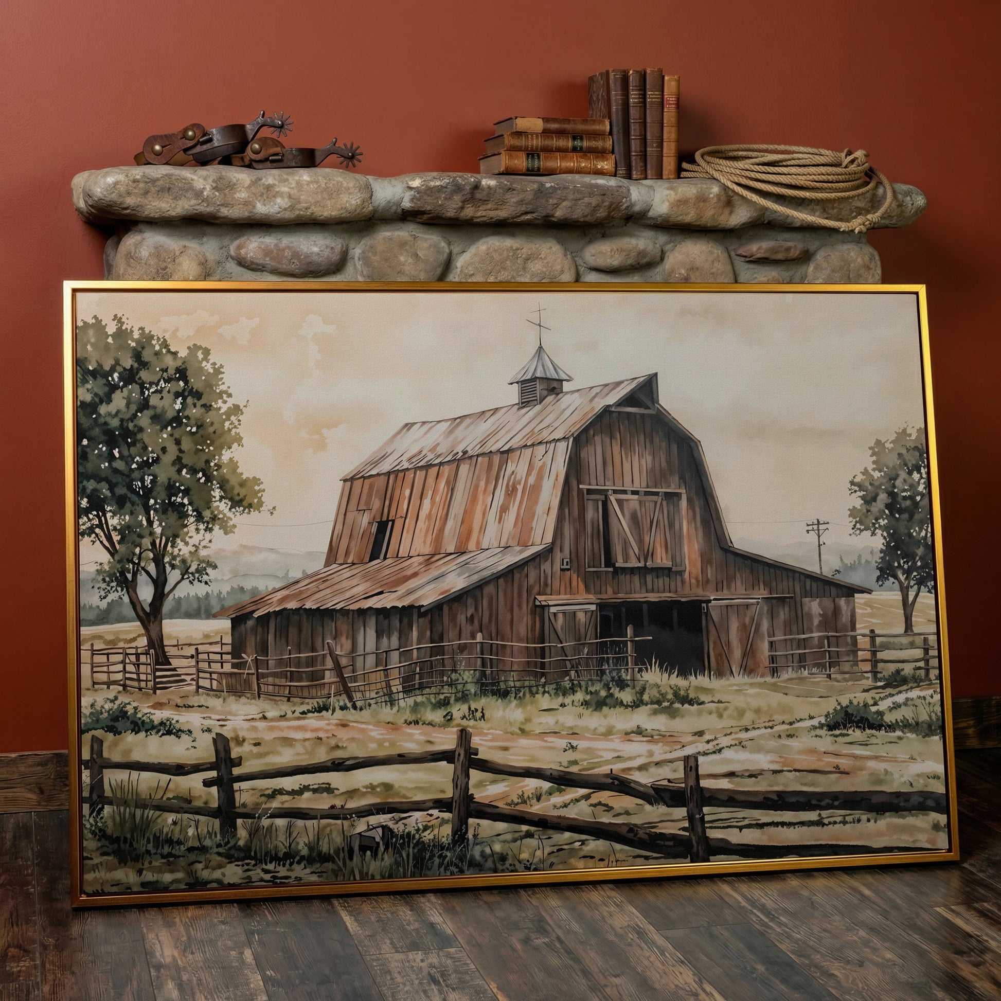 Rustic Barn in Rolling Fields Canvas in antique gold floating frame