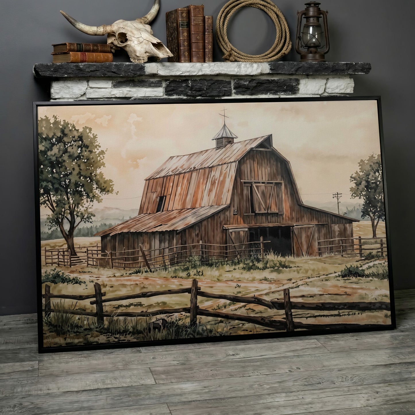 Rustic Barn in Rolling Fields Canvas in black floating frame
