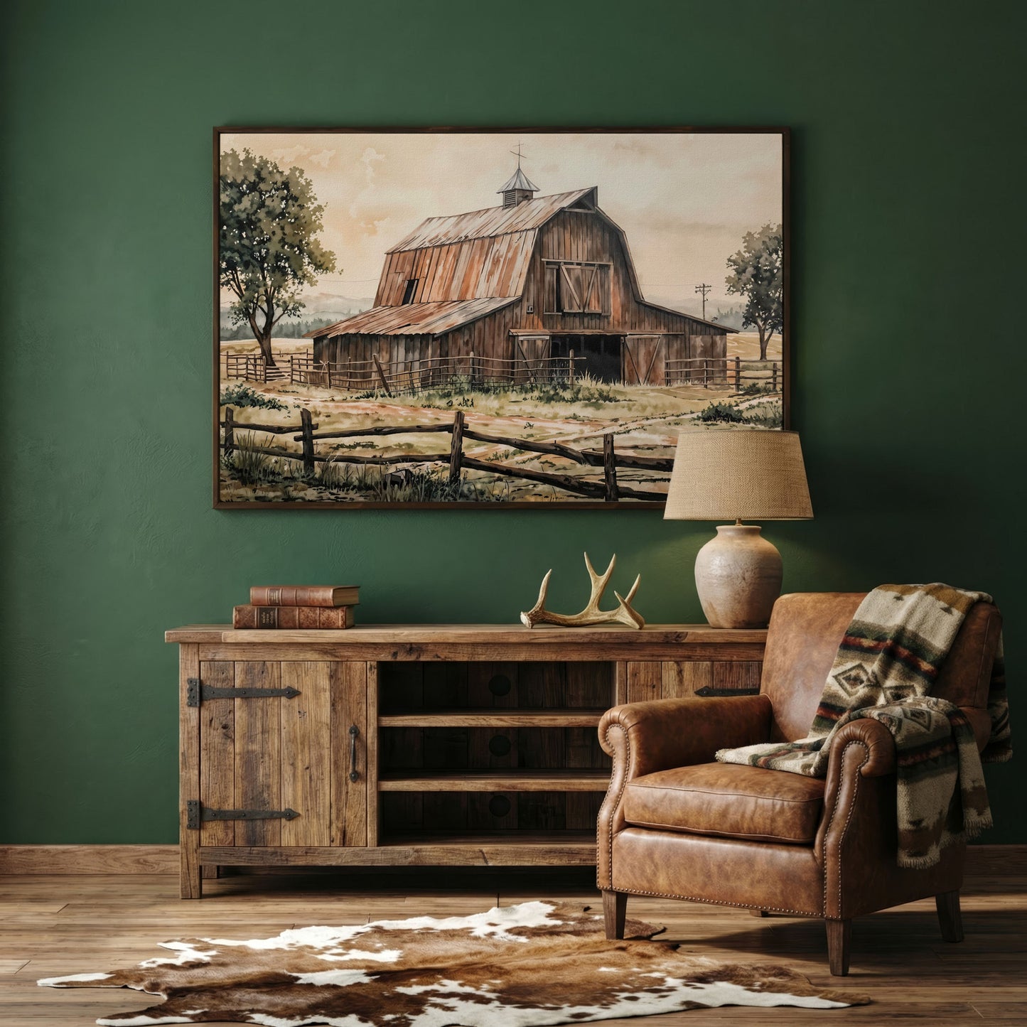 Rustic Barn in Rolling Fields Canvas in dark walnut floating frame