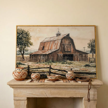 Rustic Barn in Rolling Fields Canvas in white oak floating frame