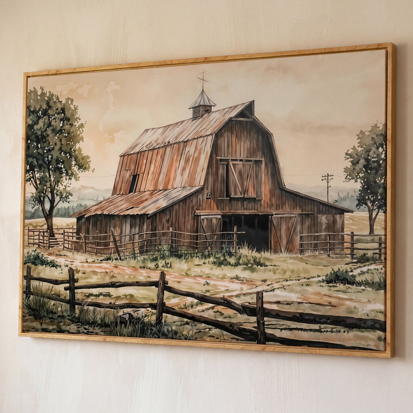 Rustic Barn in Rolling Fields Canvas shown in white oak floating frame