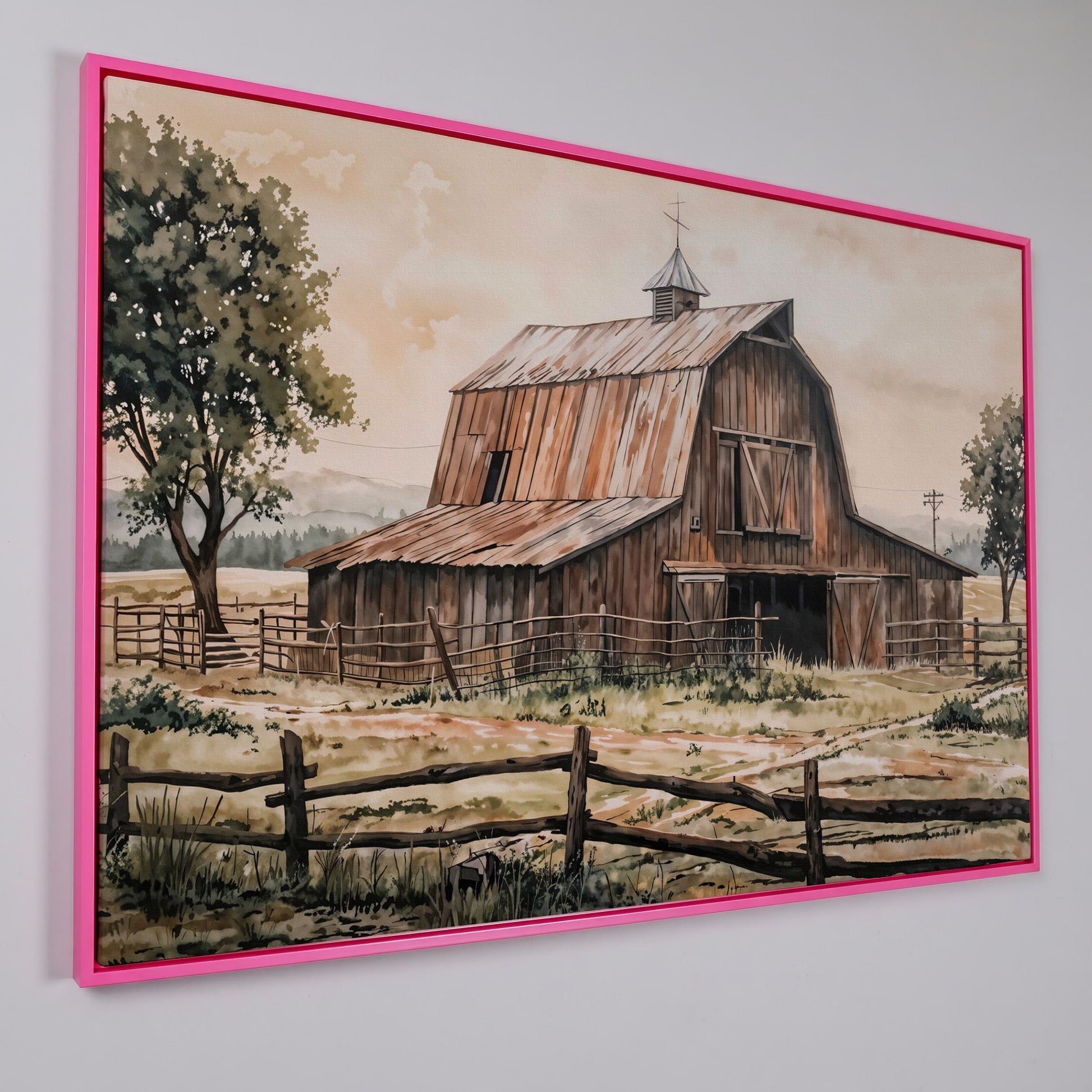 Rustic Barn in Rolling Fields Canvas in pink floating frame