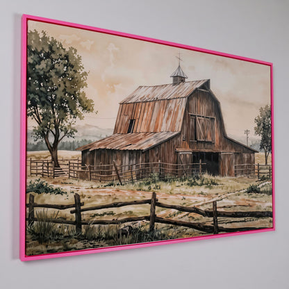 Rustic Barn in Rolling Fields Canvas in pink floating frame