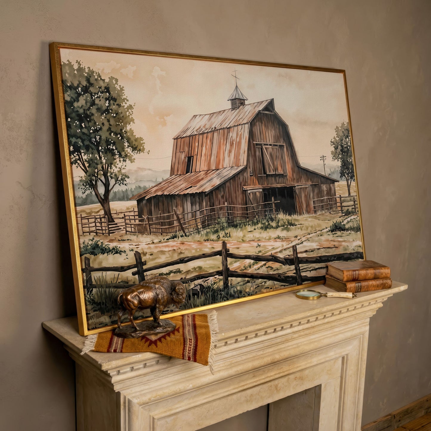 Rustic Barn in Rolling Fields Canvas in rose gold floating frame