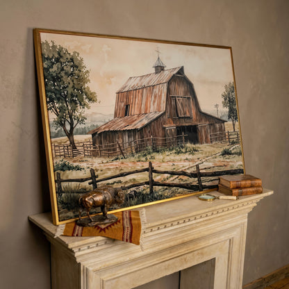 Rustic Barn in Rolling Fields Canvas in rose gold floating frame