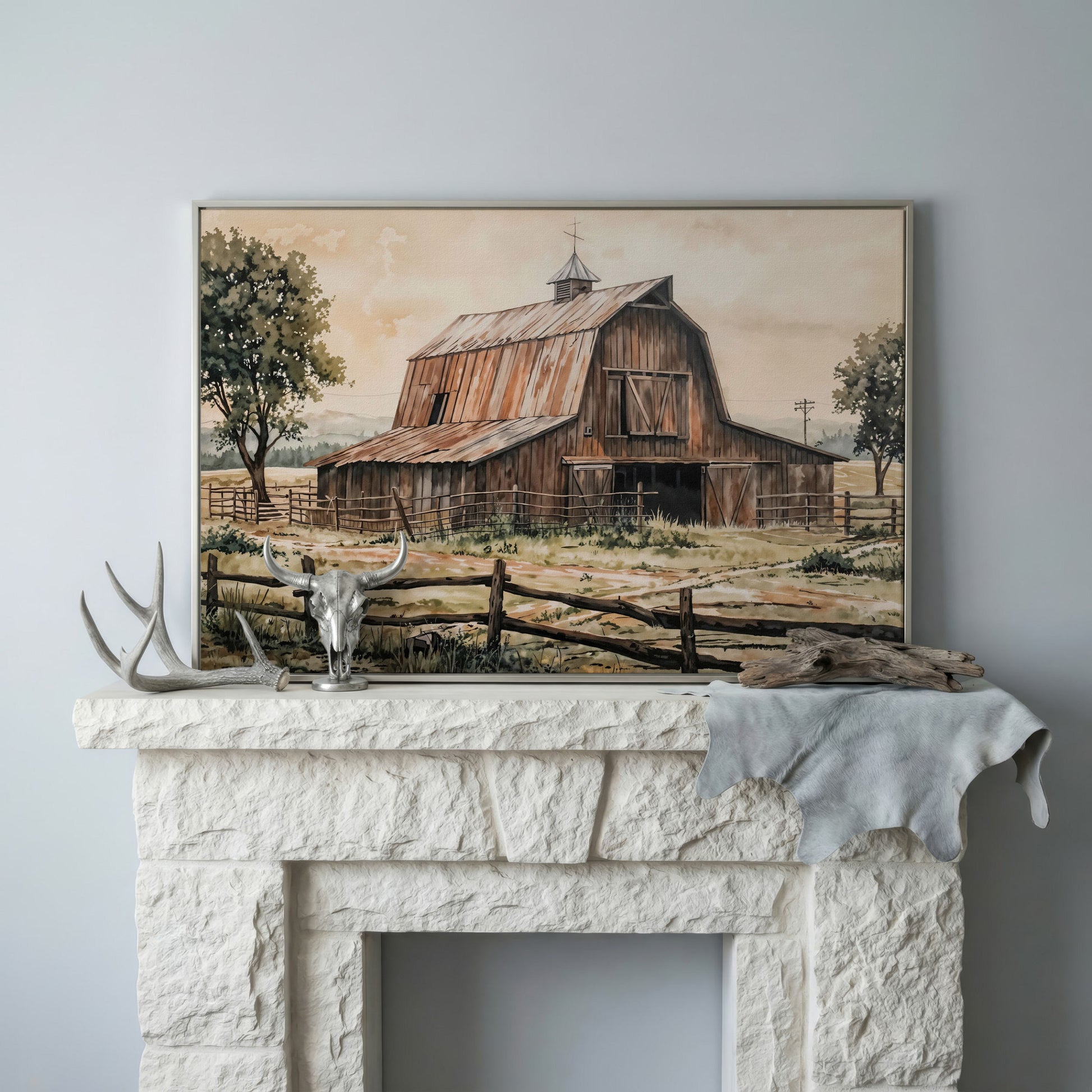 Rustic Barn in Rolling Fields Canvas in silver floating frame